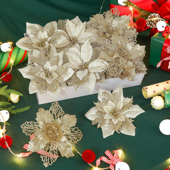 24Pcs 3 Styles 6 inch Poinsettias Artificial Christmas Flowers, Glitter Christmas Tree Decorations, Floral Ornaments for Home/Party, Xmas Decor Flowers with Clips and Stems, Champagne Gold 24Pcs 3 Styles 6 inch Poinsettias Artificial Christmas Flowers, Glitter Christmas Tree Decorations, Floral Ornaments for Home/Party, Xmas Decor Flowers with Clips and Stems, Champagne Gold