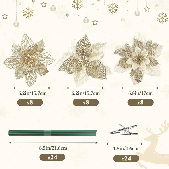 24Pcs 3 Styles 6 inch Poinsettias Artificial Christmas Flowers, Glitter Christmas Tree Decorations, Floral Ornaments for Home/Party, Xmas Decor Flowers with Clips and Stems, Champagne Gold 24Pcs 3 Styles 6 inch Poinsettias Artificial Christmas Flowers, Glitter Christmas Tree Decorations, Floral Ornaments for Home/Party, Xmas Decor Flowers with Clips and Stems, Champagne Gold