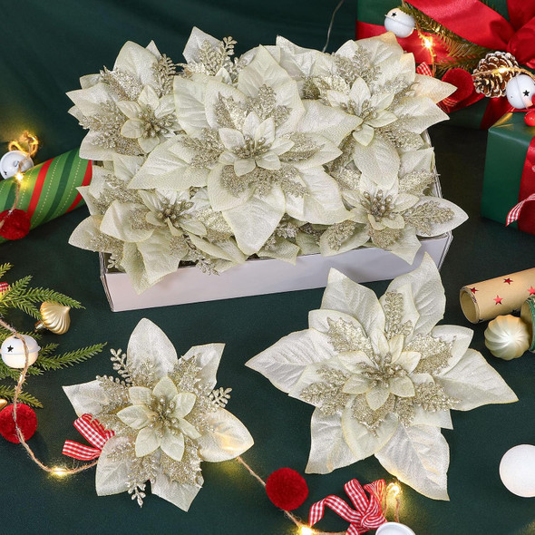24 Pcs 6"&9" Large Size Poinsettia Artificial Christmas Flowers for Christmas Tree, Boxed Christmas Ornaments Flowers Glitter Picks for Xmas Year Decor with Clips&Sticks，Champagne Gold