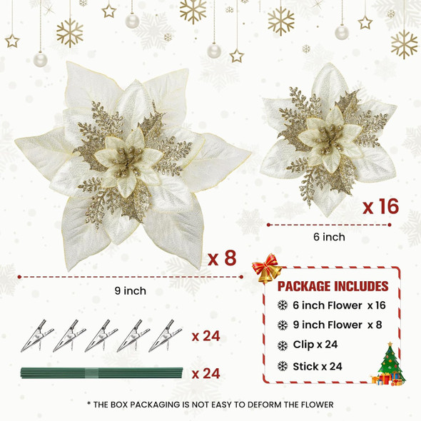 24 Pcs 6"&9" Large Size Poinsettia Artificial Christmas Flowers for Christmas Tree, Boxed Christmas Ornaments Flowers Glitter Picks for Xmas Year Decor with Clips&Sticks，Champagne Gold