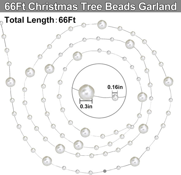 66 Ft Christmas Beads Garland Decoration Pearl Strands Chain for Christmas Tree Decoration Indoor Outdoor Home Mantle Fireplace Holiday Decor,Silver