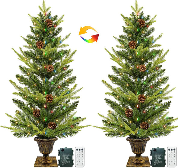 2 Pack 3Ft Artificial Potted Christmas Tree Realistic-Feel Norfolk PE&Classics PVC Mixed Pine, Fraser Fir, Warm White&Colored Change LEDs, Timer, 12 Mode, Battery Operated Pinecone Outdoor Porch Decor