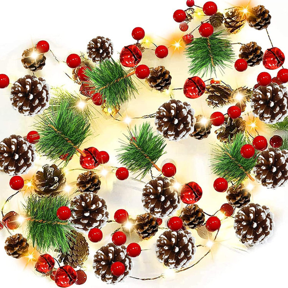 AMENON 2 Pack Christmas Pinecone Lights Total 14 Ft 40 LED Red Berry Pine Cone Garland with Timer Lights Battery Operated Xmas Fairy String Lights Home Indoor Christmas Decorations, 7 Ft 20 LED Each