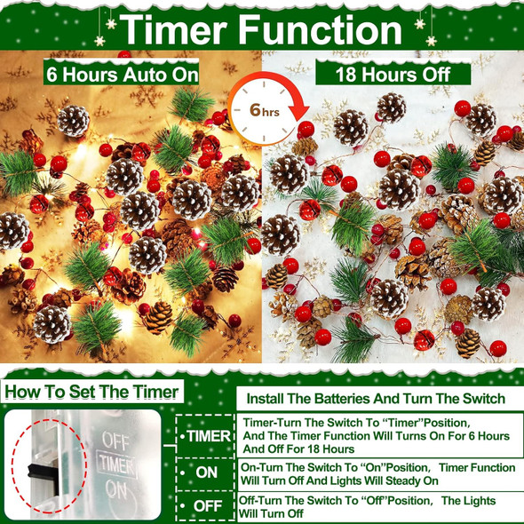 AMENON 2 Pack Christmas Pinecone Lights Total 14 Ft 40 LED Red Berry Pine Cone Garland with Timer Lights Battery Operated Xmas Fairy String Lights Home Indoor Christmas Decorations, 7 Ft 20 LED Each