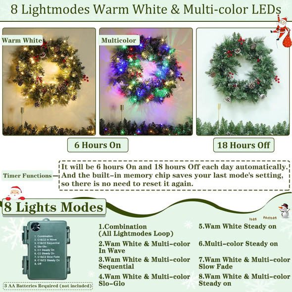 Dual Color Change&Timer-Prelit Christmas Wreaths for Front Door,50 Warm White&Color Light 8 Mode,Pinecone,Red Berry,Lifelike Spurce Mixed Pine Branches Xmas Cedar Wreath for Indoor Outdoor Use,20 Inch