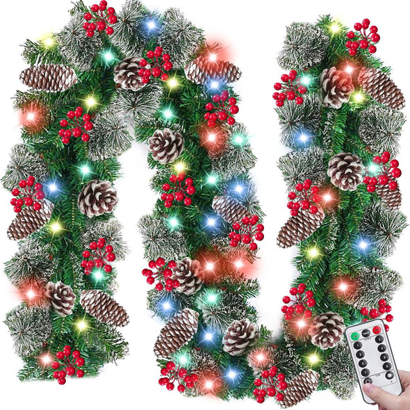 Remote Control - 9 Ft Prelit Christmas Garland 50 Color Lights Timer 8 Mode Thick 300 Branches 198 Red Berry 18 Pinecone Battery Operated Xmas Decor