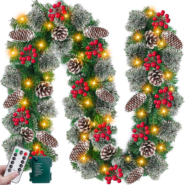 Remote Control - 9 Ft Prelit Christmas Garland 50 Lights Timer 8 Mode Thick 300 Branches 198 Red Berry 18 Pinecone Battery Operated Cedar Garland Outdoor Christmas Garland for Stairs Indoor Xmas Decor