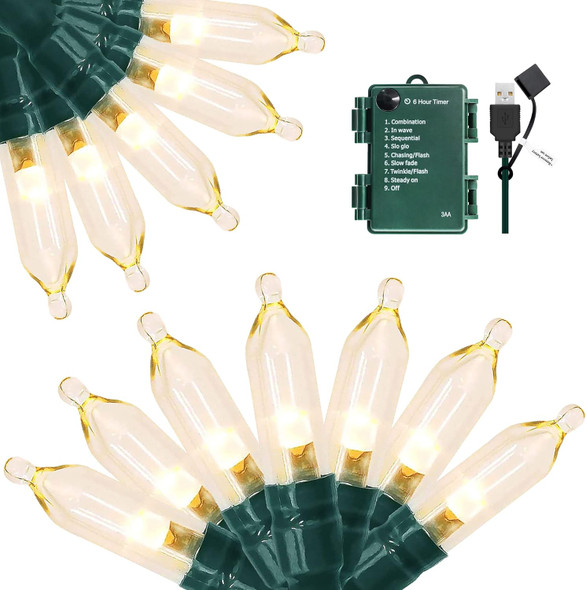 Christmas Lights, 66ft 200 LED String Lights with Timer, USB or Battery Operated String Lights Waterproof 8 Modes Lights for Christmas Tree Wreath Indoor Outdoor Decor, Warm White