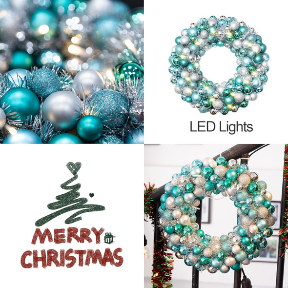 Amooca 16in Christmas Ball Wreath with LED Lights Front Door Window Decorative Hanging Ornaments Table Centerpiece Holiday Party Home Decoration Blue Silver