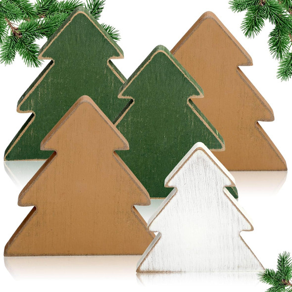 5 Pcs Christmas Table Decorations Christmas Tree Wooden Farmhouse Table Centerpiece Rustic Xmas Tree Wooden standing Table Decors Farmhouse Holiday Wood Christmas Tree Signs for Tiered Tray