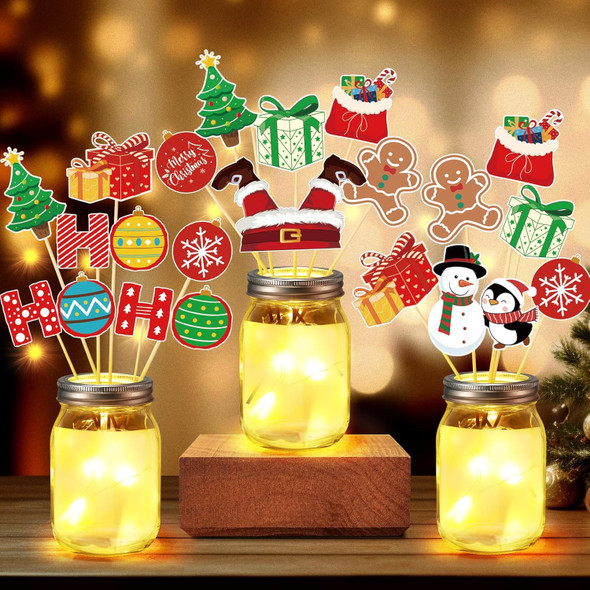 Amyhill 21 Pcs Christmas Centerpieces Sticks with Mason Jars LED Light Gingerbread Snowman Santa Christmas tree picks Cutout on Sticks Vase Filler Crafts for Xmas Wreath Holiday Table Decorations