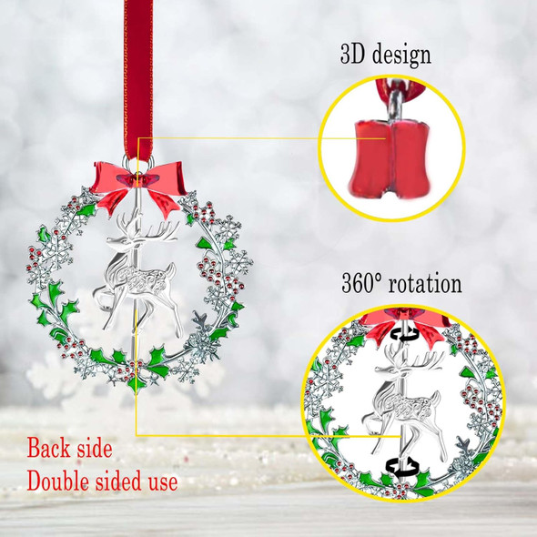 Christmas Ornament with Metal Christmas Wreath,Funny Holiday Xmas Keepsake Pendant,Shiny Silver Christmas Deer Ornaments Decorated with Snowflakes,Holiday Decorative s for Family Friends