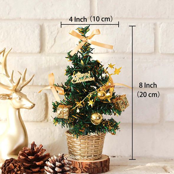 Mini Christmas Tree 8 Inch Gold Table Top Christmas Trees Artificial Tiny Miniature Xmas Tree with Snow Bow Snowflake Green Fake Trees for Indoor Tabletop Desktop Bedroom Decorations C00157
