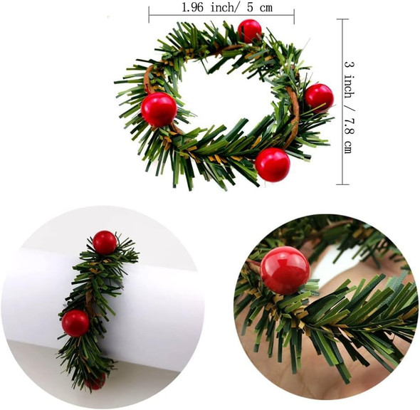 12PCS Christmas Napkin Rings Christmas Garland Napkin Holder Holly Berry Candle Wreath for Banquet Table Decorations