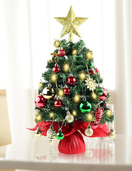 Small Tabletop Christmas Tree 24 Inch /2FT Mini Xmas Christmas Tree with Warm-White Lights,Mini Table Top Christmas Tree with Hanging Ornaments and Star Treetop, Boxes for DIY Christmas Decoration