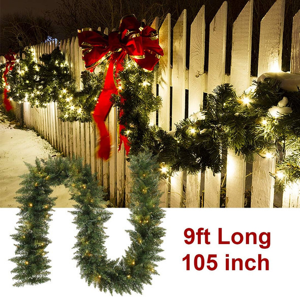 9 FT Pre-lit Christmas Garland Holiday Artificial Decor for Stairs Wall Door Indoor Outdoor Garland with Battery Operated Timer