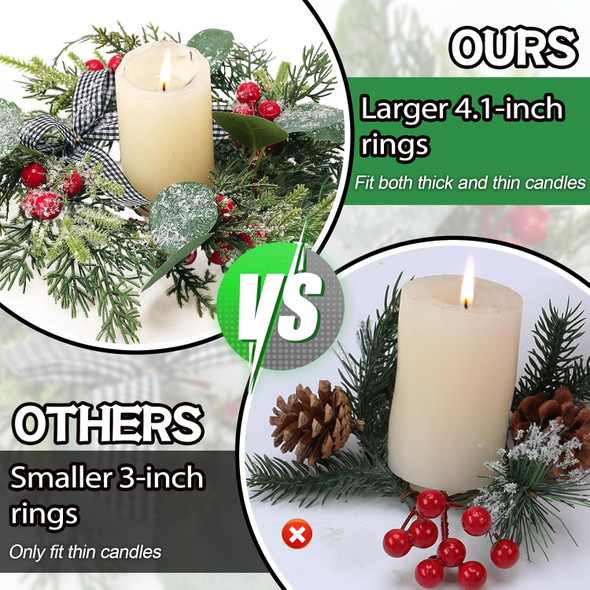 Enlarged Christmas Candle Rings Inner Diameter 4.1 in - 4 Pcs Candle Wreath Holders with Artificial Snow Buffalo Bow Leaves Berries for Xmas Holiday Party Wedding Table Centerpiece Decorations Enlarged Christmas Candle Rings Inner Diameter 4.1 in - 4 Pcs Candle Wreath Holders with Artificial Snow Buffalo Bow Leaves Berries for Xmas Holiday Party Wedding Table Centerpiece Decorations