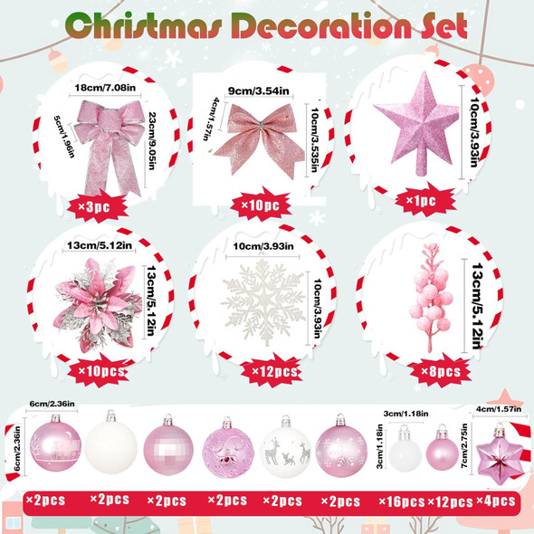 Christmas Tree Decoration Set, 88 Pcs Pink Christmas Ornaments Set with Pink White Christmas Ornaments Balls,Christmas Glitter Poinsettia Flowers,Glitter Berries Stems, Snowflakes, Bow for Christmas
