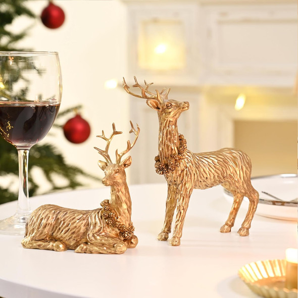 Gold Reindeer Christmas Decoration, 2Pcs Small Christmas Reindeer Figurines Indoor, Tabletop Reindeer Statue Christmas Decor, Resin Deer Figurine Decorations for Home