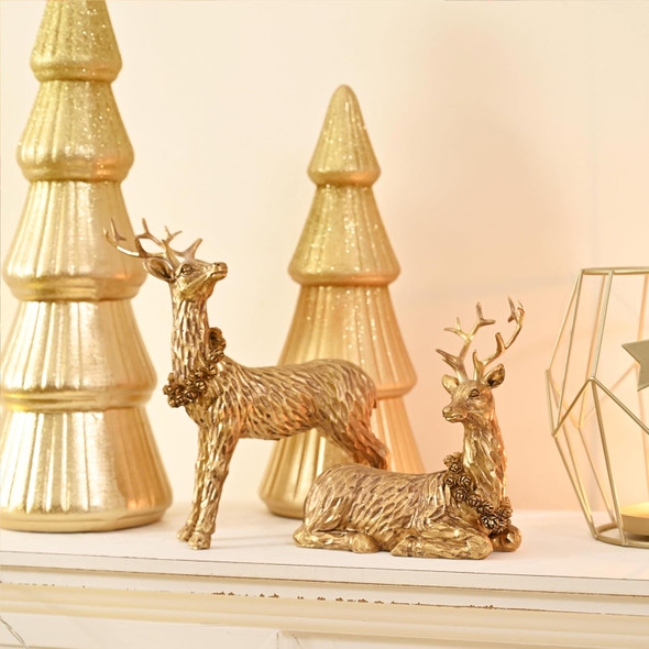 Gold Reindeer Christmas Decoration, 2Pcs Small Christmas Reindeer Figurines Indoor, Tabletop Reindeer Statue Christmas Decor, Resin Deer Figurine Decorations for Home