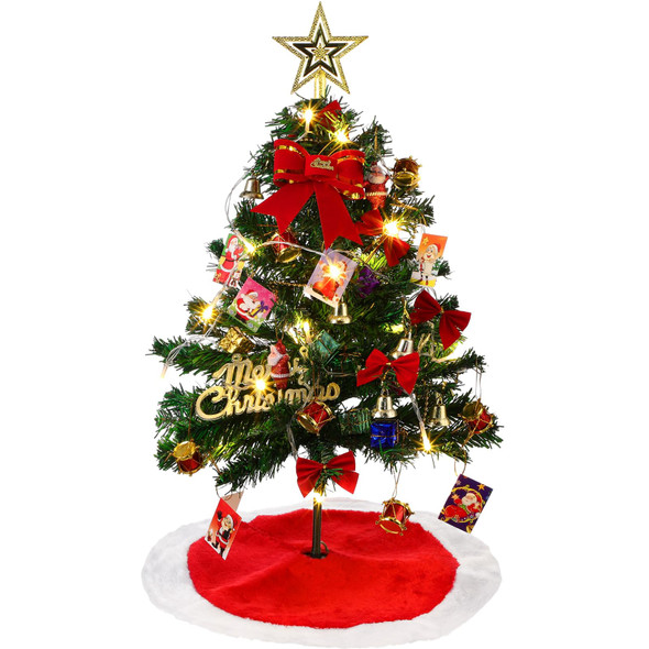 Aoriher 24" Mini Christmas Tree Set with Lights Tabletop Boxes Hanging Ornaments 15" Miniature Red Plush Tree Skirt Plush Christmas Tree Mat for DIY Christmas Decorations Home Bedroom