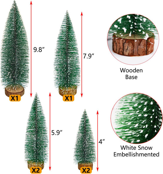 6 Pcs Mini Christmas Trees Bottle Brush Trees, Miniature Pine Christmas Tree Tabletop Mini Snow Frost Trees with Wooden Base for Christmas Holiday Decorations