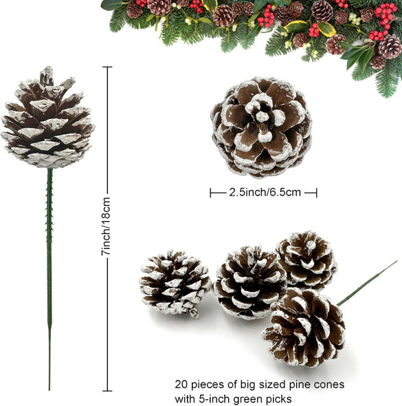 20 PCS Christmas Pine Cones, 2-2.4 Inch Large Natural Pine Cones, Snow Pinecones with 5 Inch Wired Pick for Christmas Tree, Holiday Wreath Garland Ornaments DIY Craft Decorations