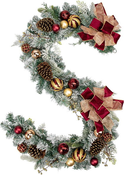 Christmas Garland for Front Door, 6 Foot Artificial Unlit Winter Garland with Pine Cones, Berry Clusters, Burgundy Ball Ornaments and Ribbon for Thanksgiving Holiday Christmas Decoration