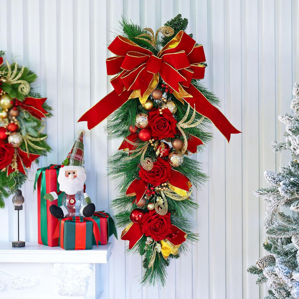 Christmas Swag Outdoor Teardrop Swag Christmas Teardrop Wreath- 36 Inch Green Evergreen Stair Swag Decorated with Red Rose Flowers,Velvet Bow Ribbon,Ball Ornaments for Front Door Stairway