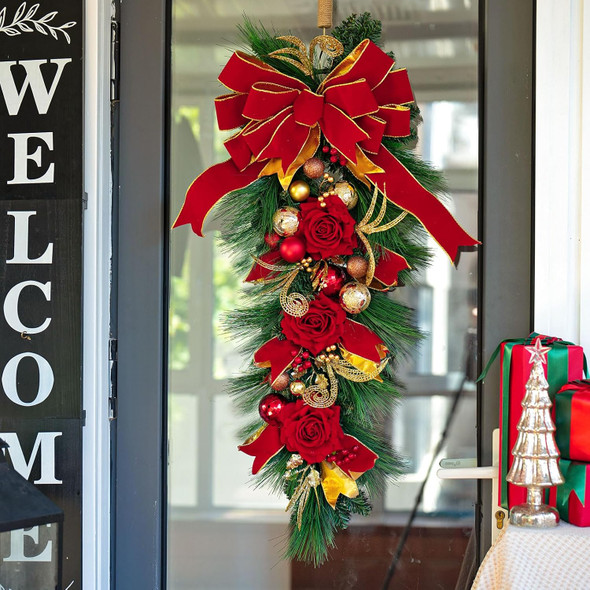 Christmas Swag Outdoor Teardrop Swag Christmas Teardrop Wreath- 36 Inch Green Evergreen Stair Swag Decorated with Red Rose Flowers,Velvet Bow Ribbon,Ball Ornaments for Front Door Stairway