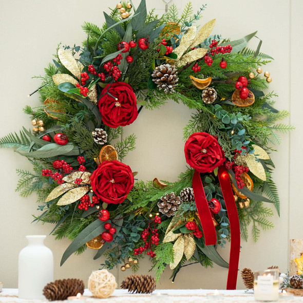 Pre-lit Christmas Wreath with Lights,24 Inch Outdoor Christmas Wreaths for Front Door,Green Eucalyptus Olive Leaves Winter Door Wreath with Pinecones,Red Flower-Lighted Xmas Holiday Wreath