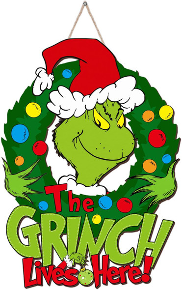 Grinchs Christmas Door Decorations Hanging Sign Christmas Wooden Door Sign The Griinch Lives Here Welcome Funny Xmas Holiday Wreath Sign for Christmas Tree, Door, Wall, Indoor Outdoor Home Party