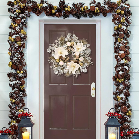 Christmas Wreath - Christmas Wreaths for Front Door with Lights, 18" Christmas Door Wreath with Magnolia Flowers Champagne Gold Christmas Balls for Home Wall Window Indoor Outdoor Decorations