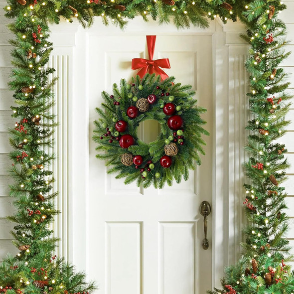 Christmas Wreath - Christmas Wreaths for Front Door, 20" Norfolk Pine Wreath with Lights Christmas Fruits Berries Rattan Balls Pine Needles Wreath for Home Wall Window Indoor Outdoor Decor