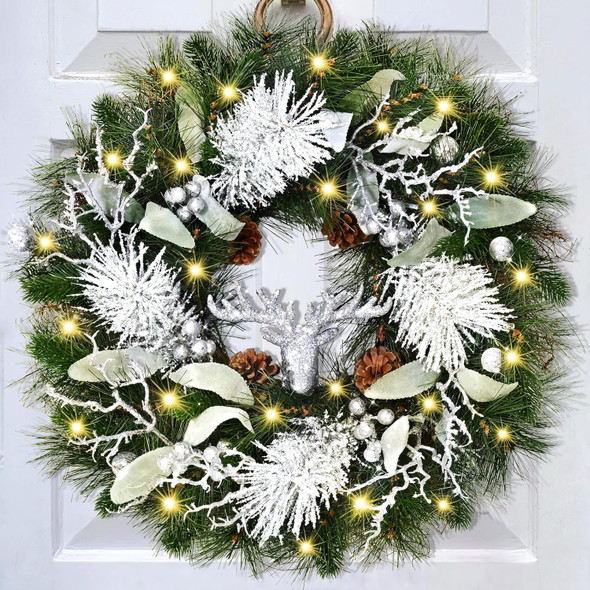 Christmas Wreath - 20" Christmas Wreaths for Front Door with Lights, Christmas Door Wreath with Christmas Reindeer Berries for Home Wall Window Fireplace Indoor Outdoor Decorations