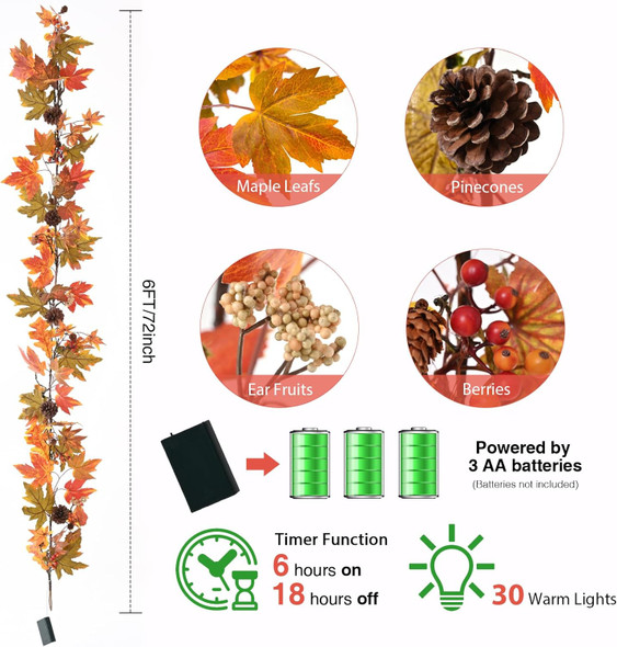 Artgar Fall Maple Leaf Garland, 6 Ft Fall Decor Garland with Pine Cones Berries, Harvest Decor Garland with 30 Warm Lights for Fall Home Thanksgiving Fireplace Table Indoor Outdoor Porch Decor
