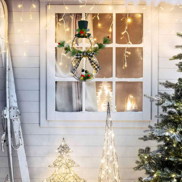Artiflr 16 x 8 Inch Lighted Christmas Wreath Decoration, Grapevine Wreath with Hat and Bow Snowman Shape Wreath for Front Door Home Wall Decor (White)