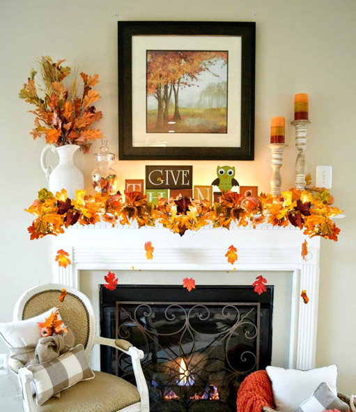 Artiflr 2 Pack Fall Garland Maple Leaf with 16.4Ft 40 LED String Light, 5.9Ft/Piece Hanging Vine Garland Artificial Autumn Foliage Garland Thanksgiving Decor for Home Wedding Fireplace Party Christmas