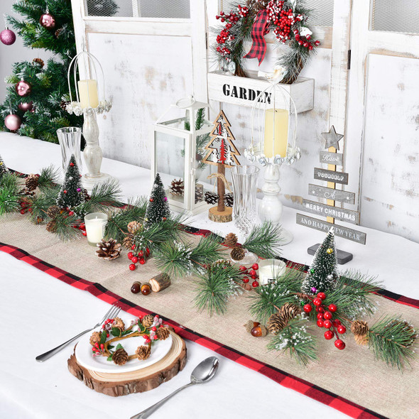 Artiflr 6 feet Christmas Pine Garland with Needles Berries Frosted Pinecones Winter Artificial Greenery Garland for Holiday Season Mantel Fireplace Table Runner Centerpiece Decoration