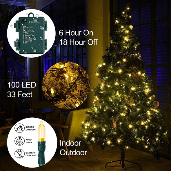 Christmas Light, 33ft 100 LED Battery Operated String Lights with Auto Timer & 8 Modes, Green Wire Outdoor Waterproof String Lights for Outdoor and Indoor Christmas Decor – Warm White Christmas Light, 33ft 100 LED Battery Operated String Lights with Auto Timer & 8 Modes, Green Wire Outdoor Waterproof String Lights for Outdoor and Indoor Christmas Decor – Warm White