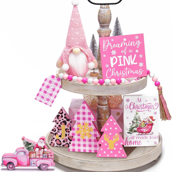 Pink Christmas Tiered Tray Decor 8 PCS Pink Christmas Decorations Indoor - Believe Christmas Wooden Signs & Pink Christmas Gnome Plush Set - Christmas Table Decor Tier for Home Kitchen Mantel