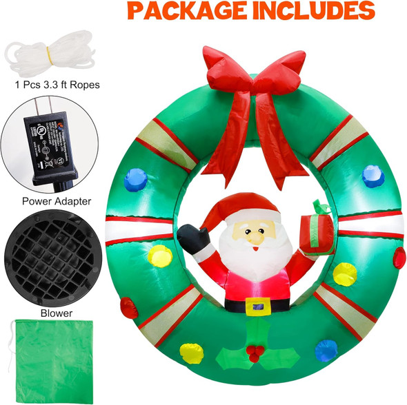 ATDAWN 3ft Christmas Inflatables Blow Up Yard Decorations, Inflatable Santa Claus Sitting on Christmas Wreath Outdoor Decoration, Blow Up Hanging Christmas Wreath for Christmas Yard Garden Decorations