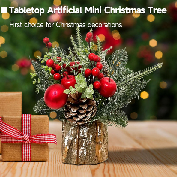 Christmas Table Decorations Small Tabletop Christmas Tree Artificial Mini Xmas Tree with Holiday Ornaments Red Berry Apple Pine Cone for Indoor Home Room Party Christmas Decor