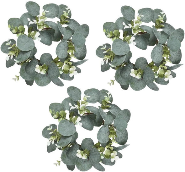Mini Artificial Wreath Eucalyptus 10" Faux Eucalyptus Leaves Cabinet Wreath Artificial Greenery Wreath for Front Door Farmhouse Wall Window Wedding Home Decoration (Green Leaf-3 PCS)