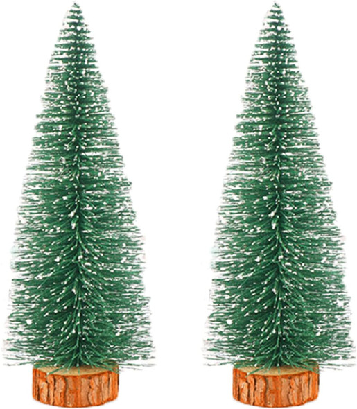 2pcs 12inch Mini Christmas Tree Bottle Brush Trees Chrismas Village Trees Ornaments Mini Plastic Christmas Trees with Wooden Base for Christmas Decoration Miniature Chrismas Tree (12inch 2pcs)