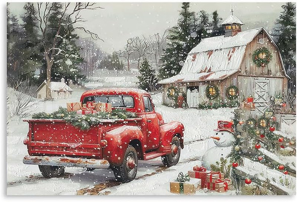 Framed Farmhouse Christmas Wall Decor - Red Truck Carrying s Old White Barn with Festival Ornaments Snowman Welcome Guests Snowy Winter Scene for Holiday Living Room Home Decorations 16"x24"