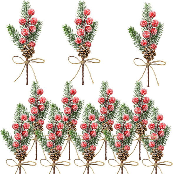 12PCS Christmas Berries Pine Cones Artificial Tree Picks Christmas Decorations with Snow Covered Evergreen Pine Branches for Holiday Family Gathering Craft Wrap Decor