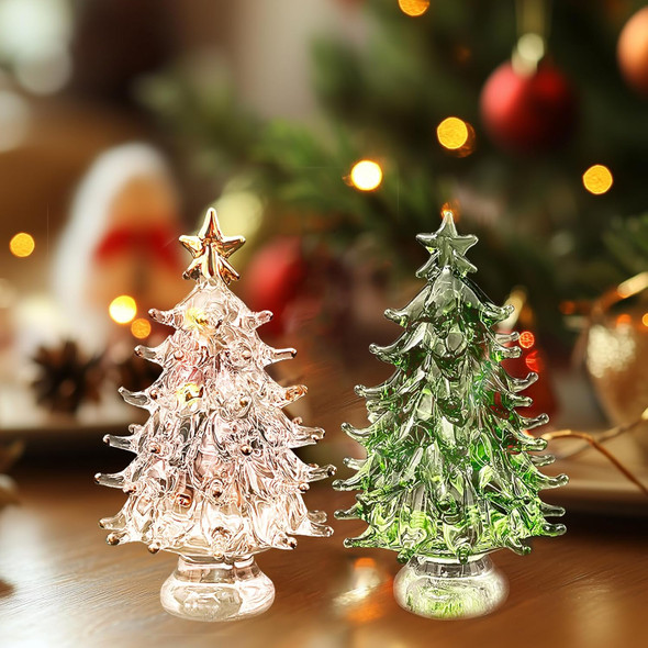 Crystal Christmas Tree Figurine Set Mini Handmade Glass Tree for Holiday Decor, Miniature Green & Clear Trees as Tabletop Ornaments Centerpieces, Festival s for Christmas Home Decor Craft Party