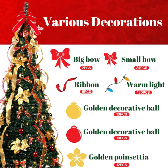 6 ft Christmas Tree Pop up Pre lit Christmas Tree with Lights Artificial Prelit Decorated Holiday Pull up Xmas Tree with Red and Gold Decorations Easy Assembly for Xmas Home Fireplace Decor