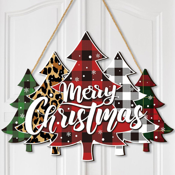 BBTO Merry Christmas Door Sign Buffalo Plaid Tree Wood Decor Farmhouse Hanging Plaque for Porch Xmas Front Outdoor Home Decor(Tree Style)